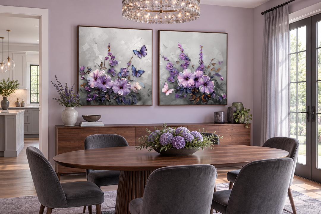 Set of 2 light purple floral prints with lavender blossoms and butterflies in dark wood frames.