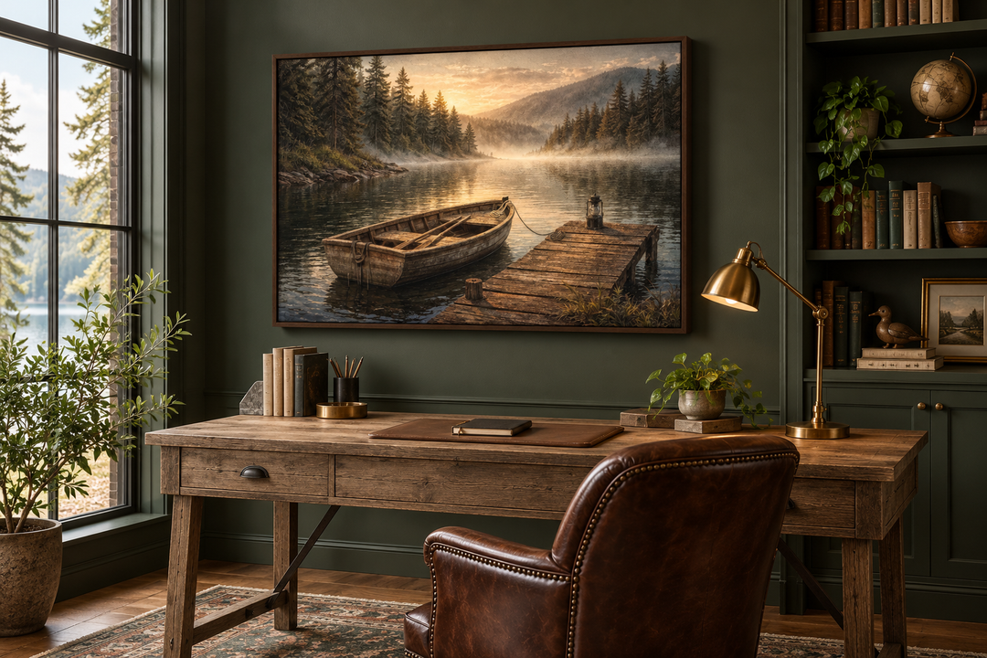 Rustic rowboat painting on canvas above a wooden desk in a dark green study with a leather chair.