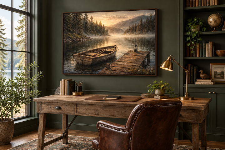 Rustic rowboat painting on canvas above a wooden desk in a dark green study with a leather chair.
