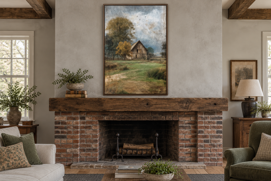 Vertical rustic farmhouse wall art of a weathered barn in a rural landscape over a brick fireplace.