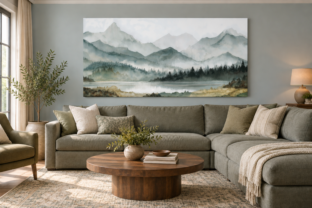 Sage green mountain lake landscape watercolor painting on a framed canvas above a sectional sofa.