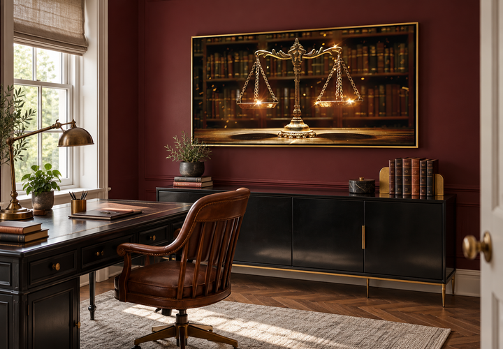 Framed golden Scales of Justice canvas print hanging in a professional law office with burgundy walls