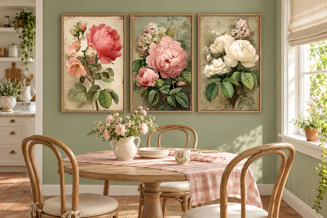 Set of 3 vintage rose botanical wall art prints in wooden frames above a round dining table.