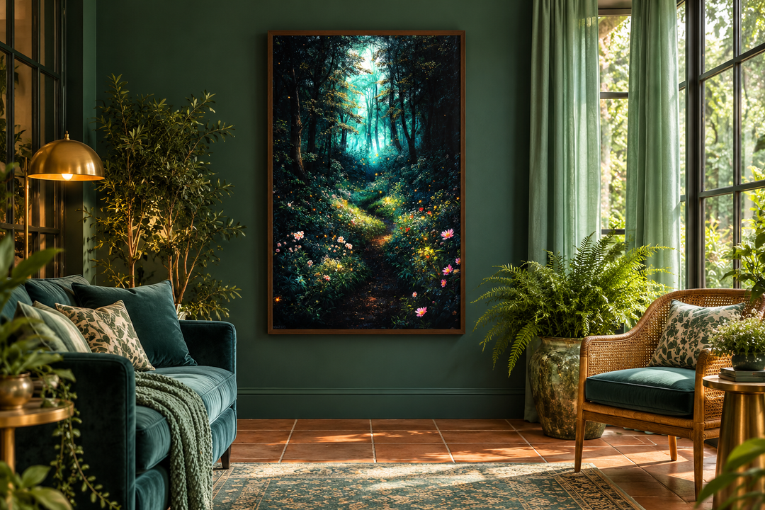Enchanted Forest With Mystical Lights Framed Canvas Wall Art in a dark green living room.