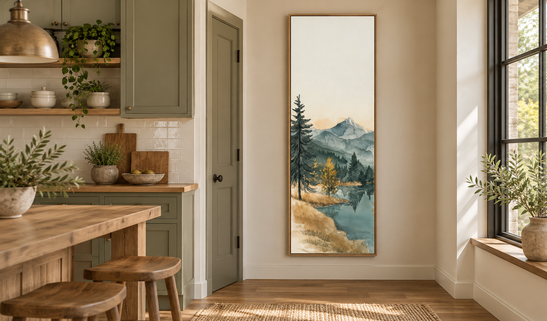 Toile murale verticale haute et étroite représentant un lac de montagne.