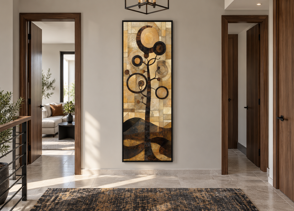 Tall vertical mid-century modern tree canvas wall art with geometric gold and black circular foliage.