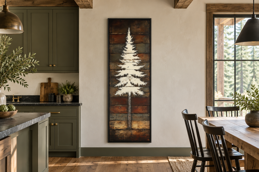 Tall vertical rustic pine tree canvas wall art on a wood-style background in a kitchen setting.