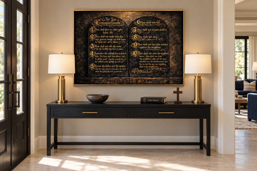 Dark Gold Ten Commandments Christian Canvas Wall Art in a gold frame above a black console table.