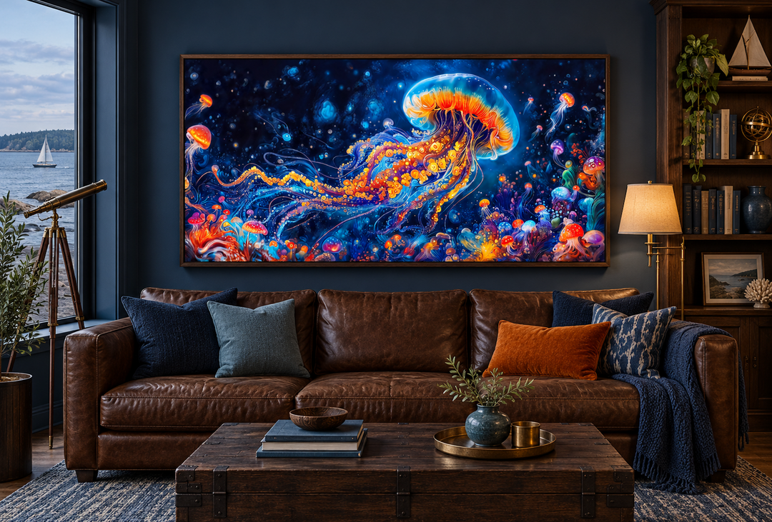 Underwater Scene With Trippy Jellyfish Framed Canvas Wall Art above a brown leather sofa.
