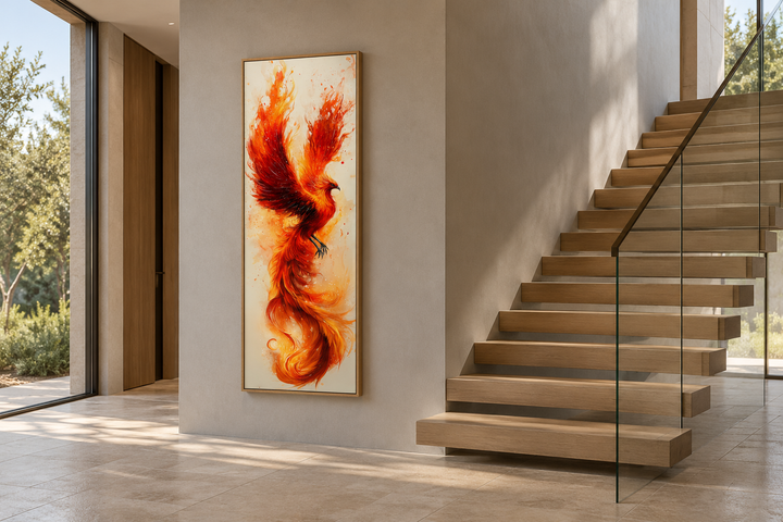 Tall narrow framed canvas wall art featuring a fiery orange and red phoenix on a beige background.