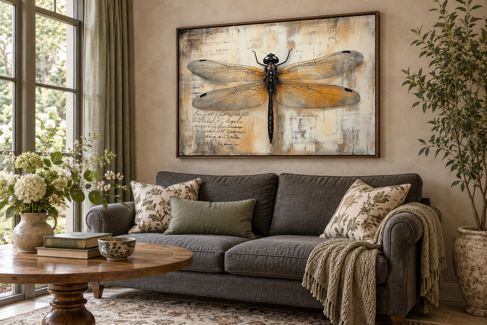 Vintage dragonfly illustration framed rustic wall art above a gray sofa in a cozy living room.