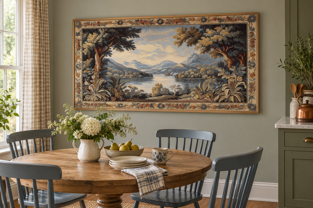 Antique River Landscape Framed Tapestry Canvas Wall Art above a wooden dining table.