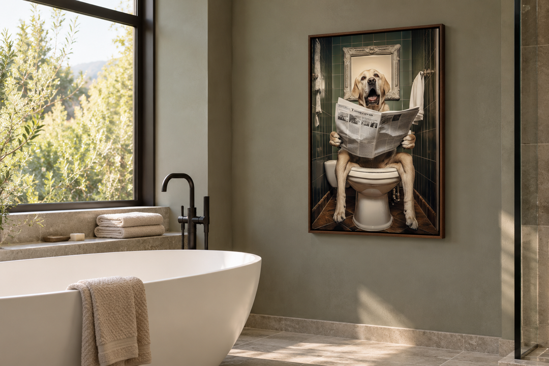 Framed wall art of a Labrador Retriever sitting on a toilet reading a newspaper in a bathroom.