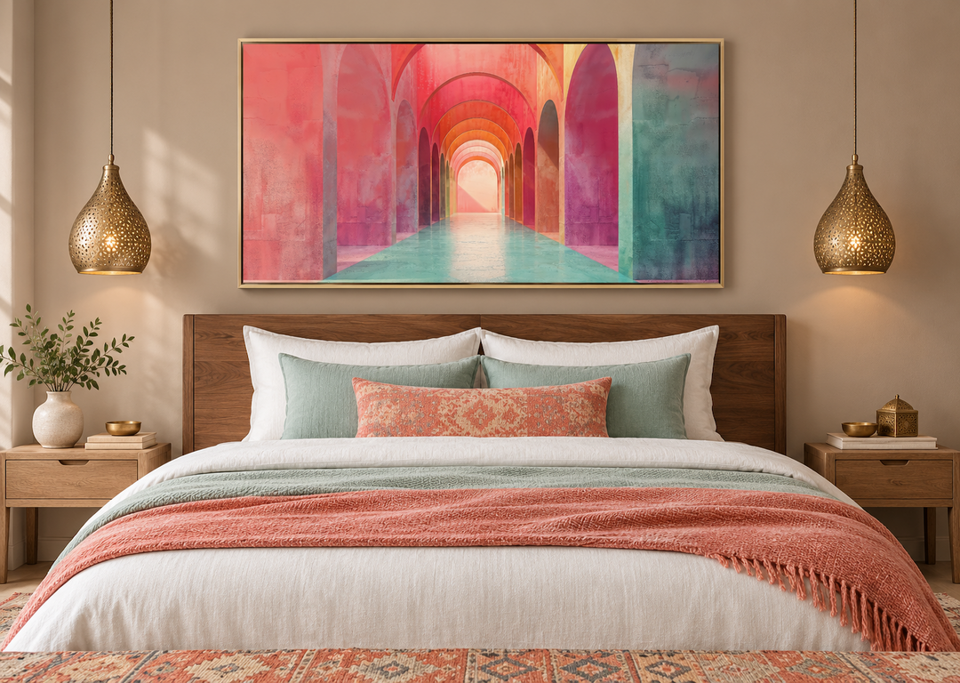 Mediterranean Archways Wall Art in a gold frame above a bed with green and pink bedding.