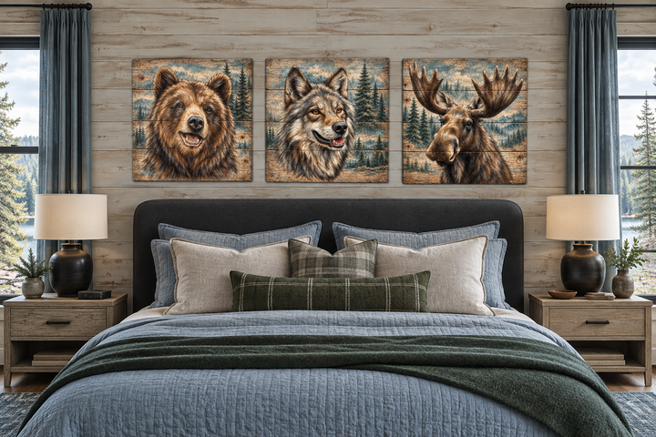 Set of three framed wildlife canvas prints featuring a bear, wolf, and moose above a bed.