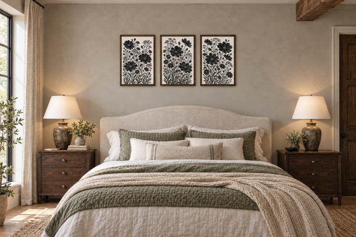 Set of 3 black and white wildflower botanical canvas prints in rustic frames above a bed.