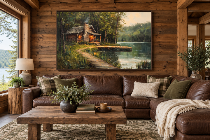 Cabin On The Lake Framed Canvas Wall Art hanging above a brown leather sectional in a rustic room.