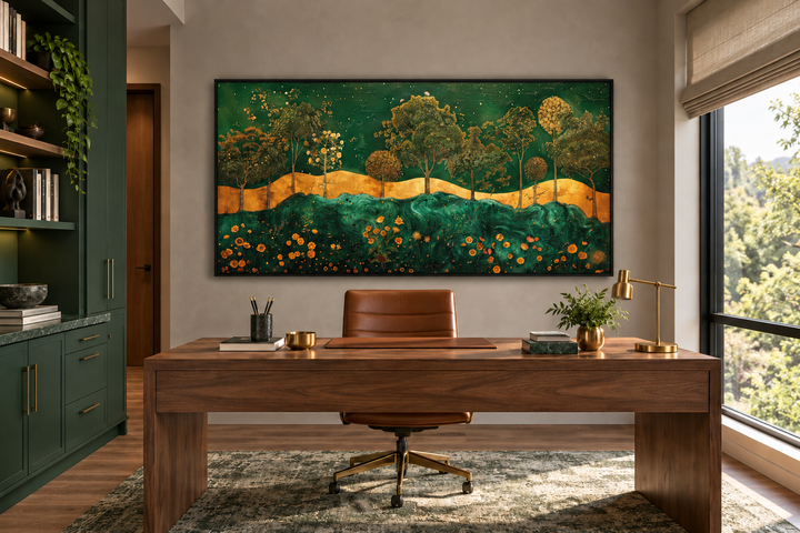 Emerald green and gold Art Nouveau framed canvas print with a tree motif in a modern home office.