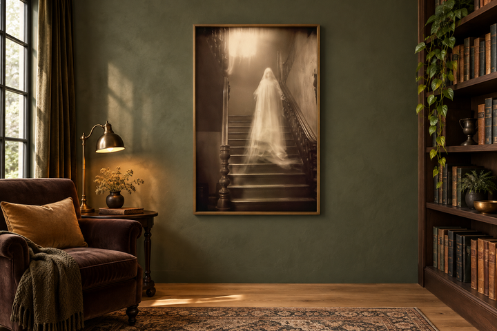 Framed canvas wall art of a ghostly figure on stairs in a moody, green-walled reading room.