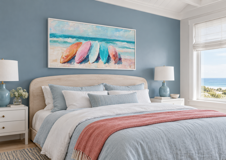 Coastal canvas wall art with pastel surfboards above a bed in a blue beach house bedroom.
