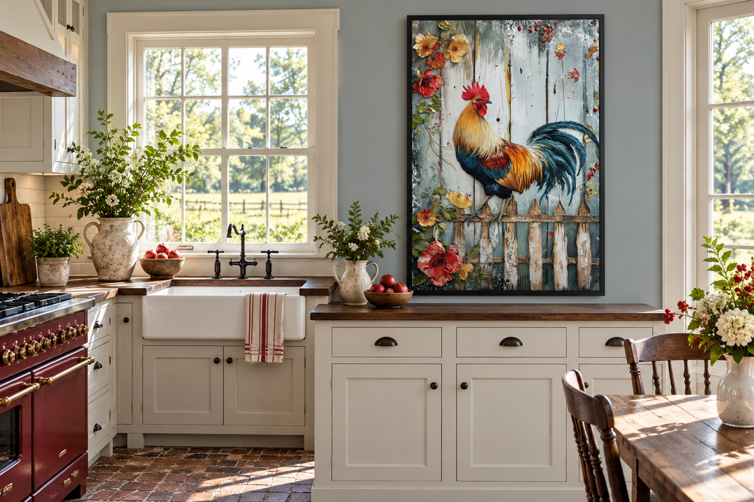 Rooster on a fence rustic farmhouse framed canvas wall art in a country kitchen setting.