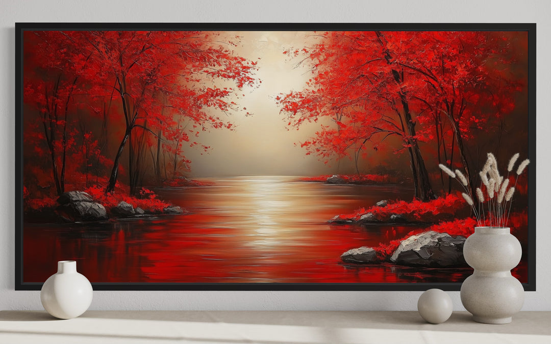 Red Trees And River Autumn Landscape Framed Canvas Wall Art close up