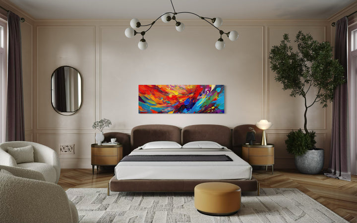 Colorful Red Blue Abstract Painting Long Narrow Framed Canvas Wall Art in bedroom