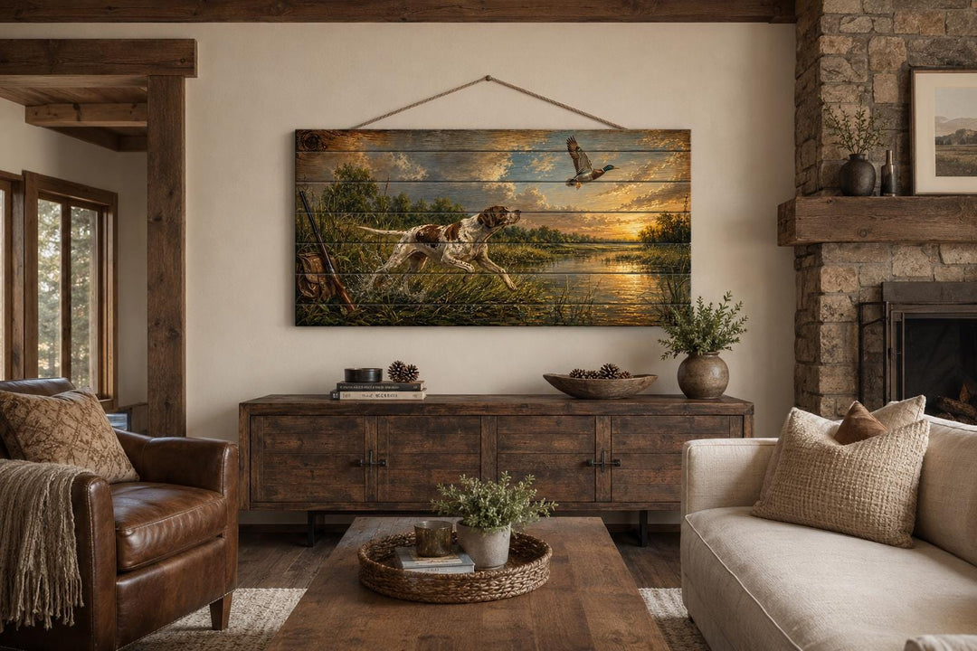 Hunting dog chasing a duck at sunset on distressed wood wall art in a rustic living room.