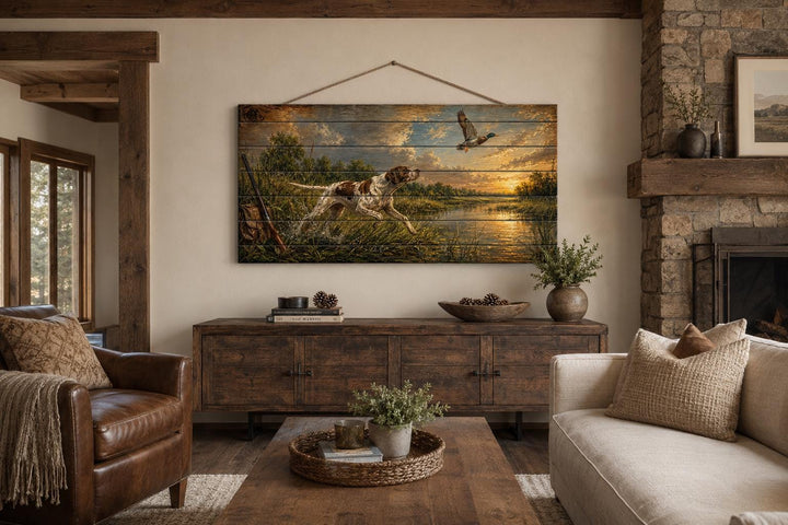 Hunting dog chasing a duck at sunset on distressed wood wall art in a rustic living room.