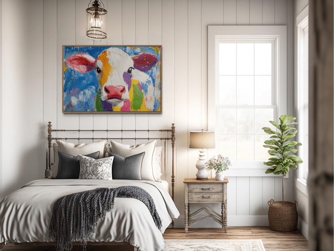 Colorful Farmhouse Cow Framed Canvas Wall Art in rustic bedroom