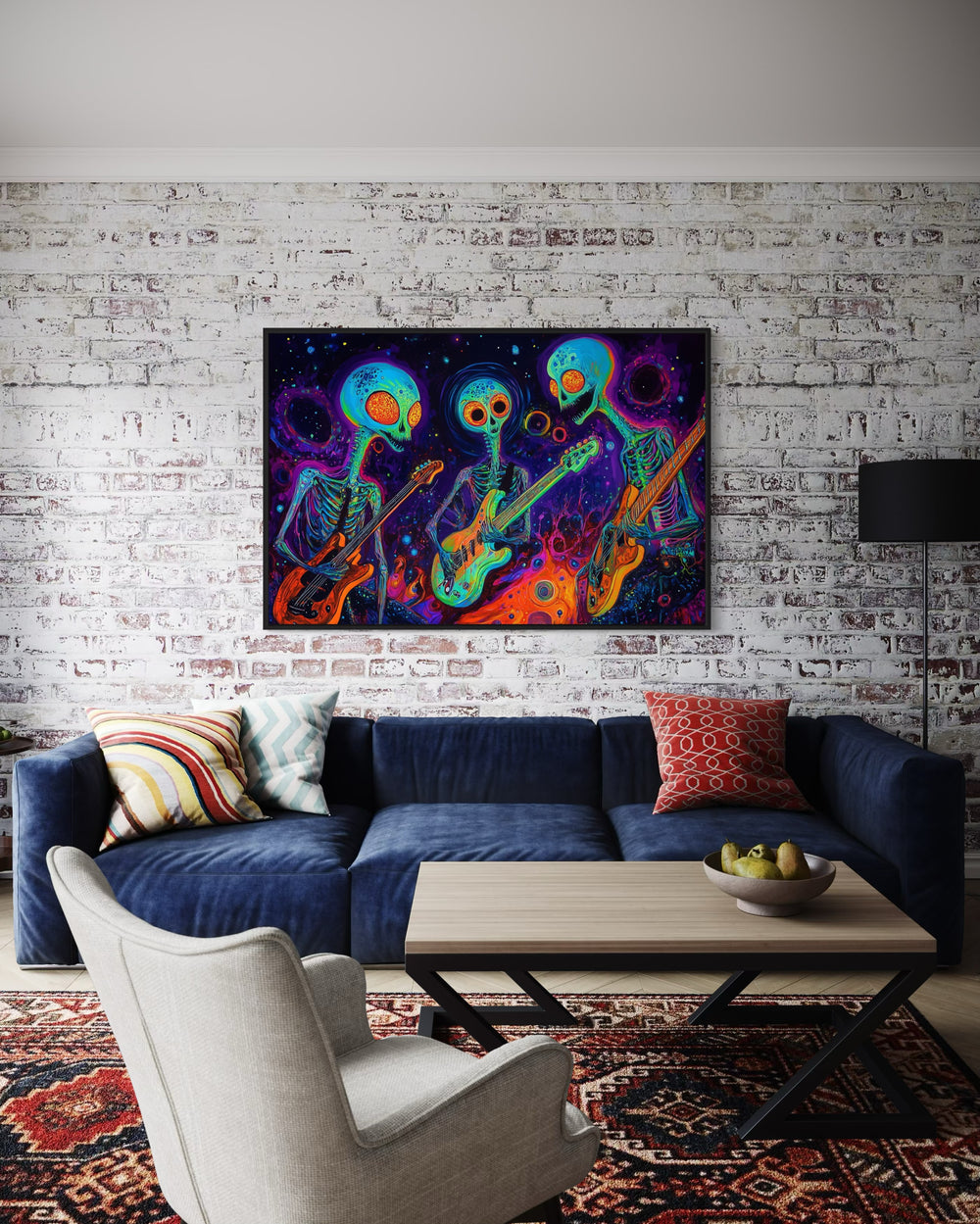 Three Trippy Skeletons Playing Guitars Framed Canvas Wall Art in man cave