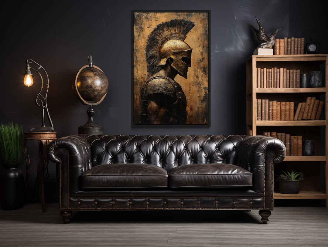 Spartan Warrior Gold Black Profile Framed Canvas Wall Art in man cave