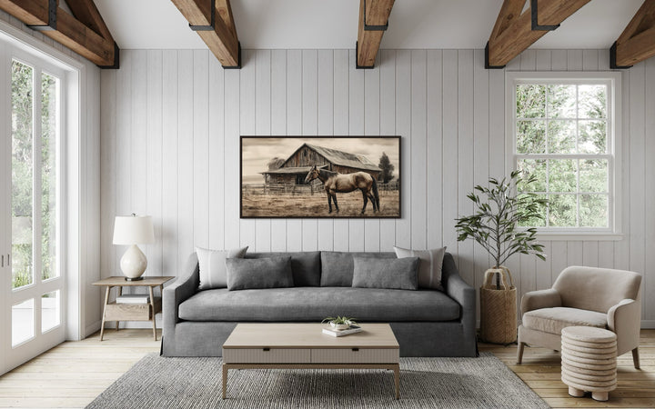 Farm Horse Near Old Barn Rustic Farmhouse Canvas Wall Art in a living room filled with furniture