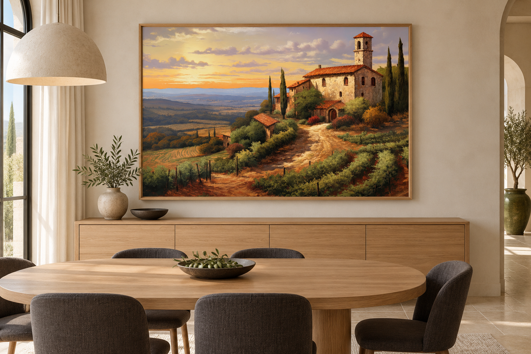 Rolling hills of Tuscany framed canvas wall art above a wooden sideboard in a modern dining room.
