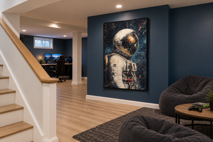 Astronaut Graffiti Framed Canvas Wall Art in a black frame on a dark blue wall in a modern basement.