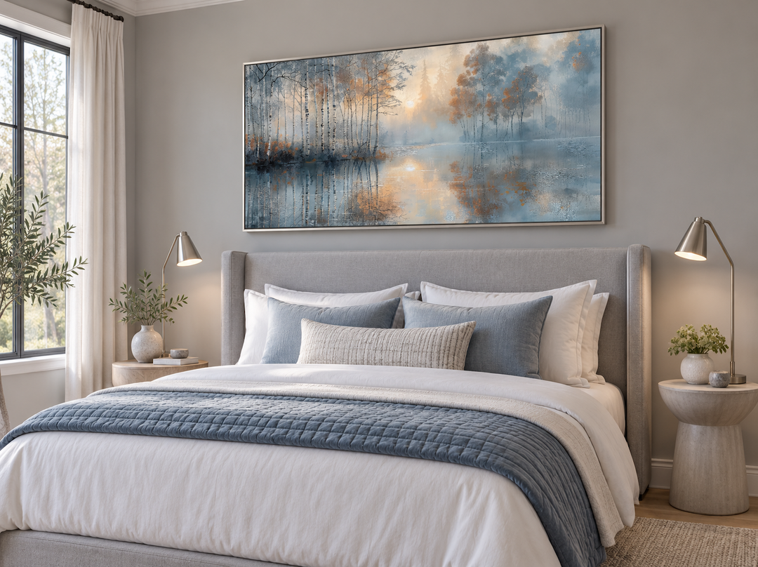 Birch Trees Wall Art in silver and gold forest landscape canvas over a bed in a modern bedroom.