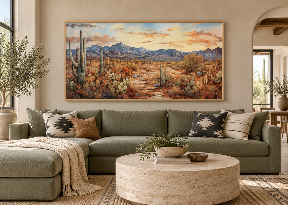 Southwestern desert landscape canvas wall art with cacti and mountains in a rustic oak frame.