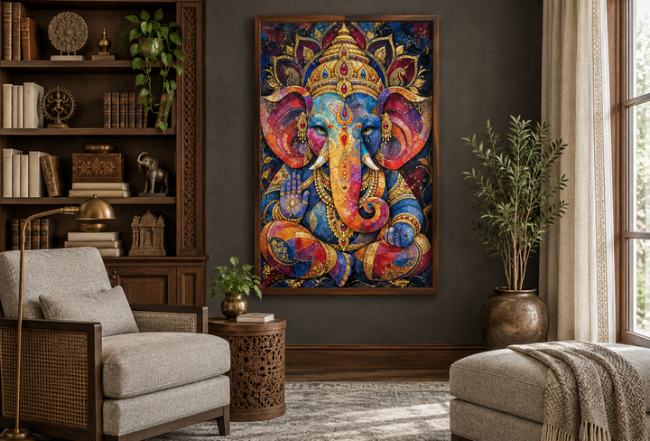 Colorful modern Lord Ganesha framed canvas wall art in a dark, wood-paneled library setting.