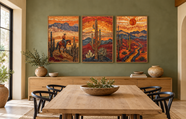 3 piece southwestern canvas wall art set featuring a cowboy, saguaro cactus, and Arizona desert.
