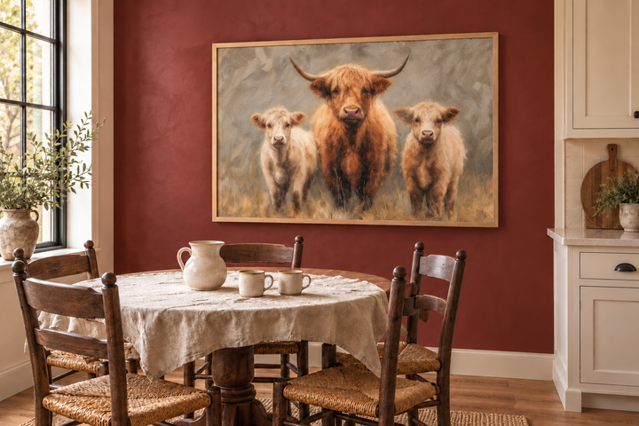 Highland Cow and Two Calves canvas wall art in an oak frame on a burgundy wall in a breakfast nook.