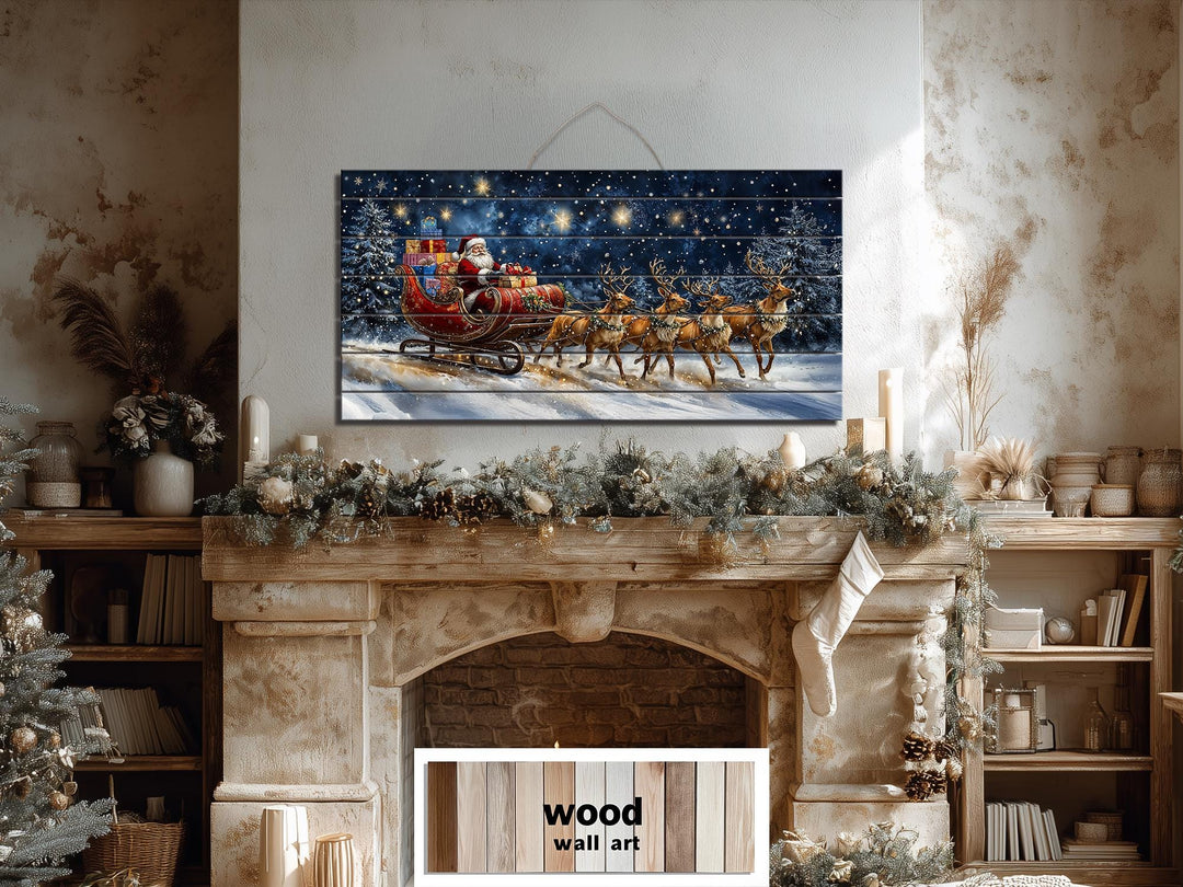 Christmas Wall Art - Rustic Santa Claus In Sleigh and Reindeer Distressed Wood Wall Art