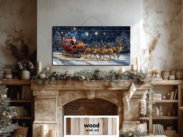 Christmas Wall Art - Rustic Santa Claus In Sleigh and Reindeer Distressed Wood Wall Art