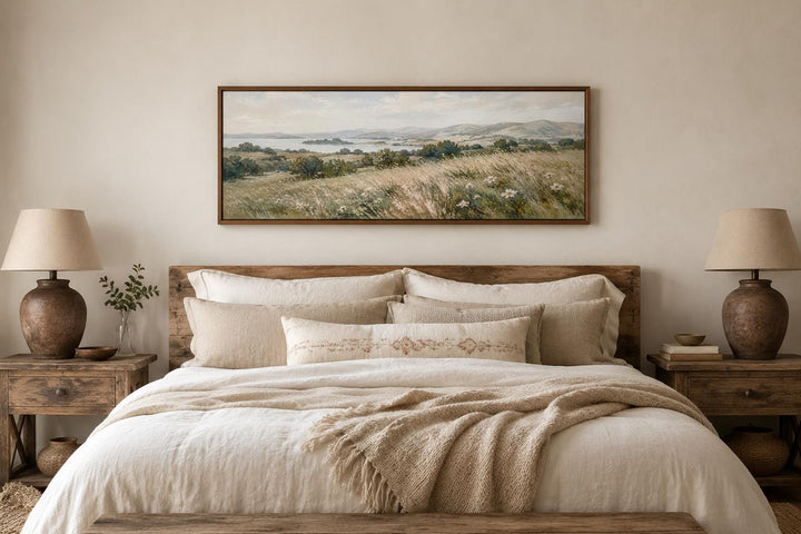 Farmhouse Grass Field Wall Art – Long Horizontal Canvas | Neutral Landscape Decor