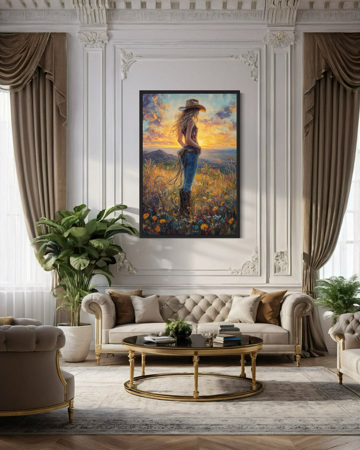 Cowgirl In Wildflowers Field At Sunset Framed Canvas Wall Art in a living room