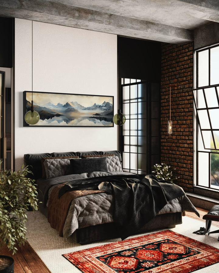 Misty Mountain Lake Panoramic Canvas Wall Art in a bedroom with a brick wall and a large bed