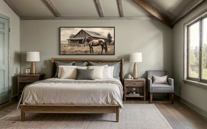 Farm Horse Near Old Barn Rustic Farmhouse Canvas Wall Art in farmhouse bedroom