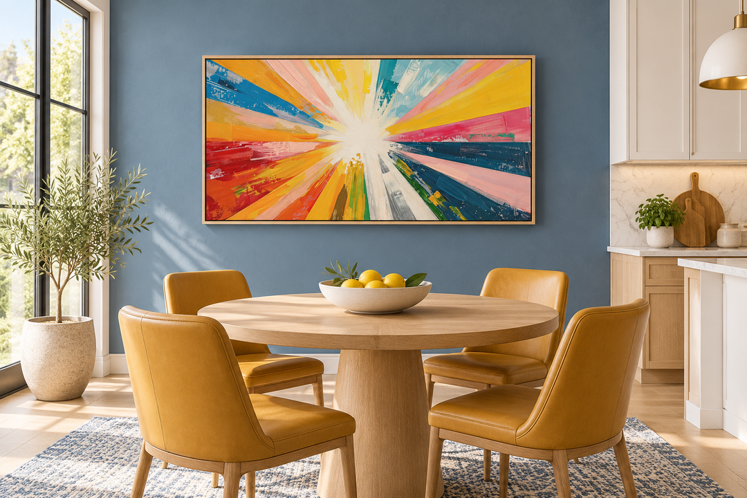 Boho sun rays framed canvas wall art in a dining room with blue walls and yellow chairs.