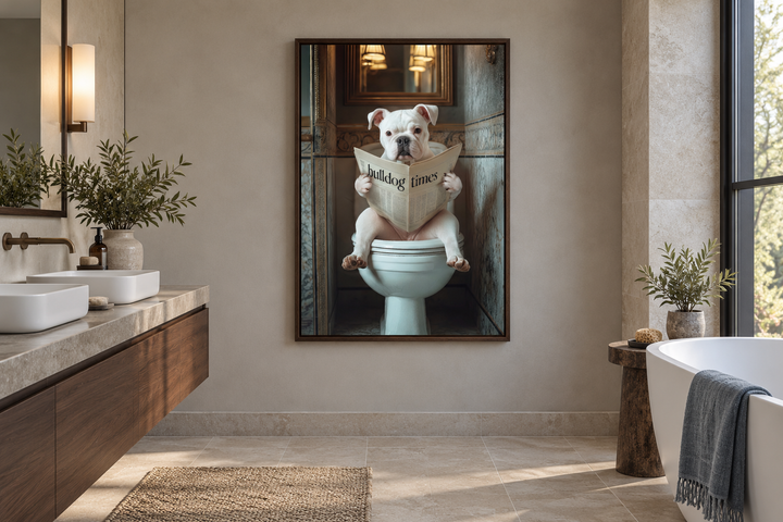 Framed wall art of an American Bulldog reading a newspaper while sitting on a toilet in a bathroom.