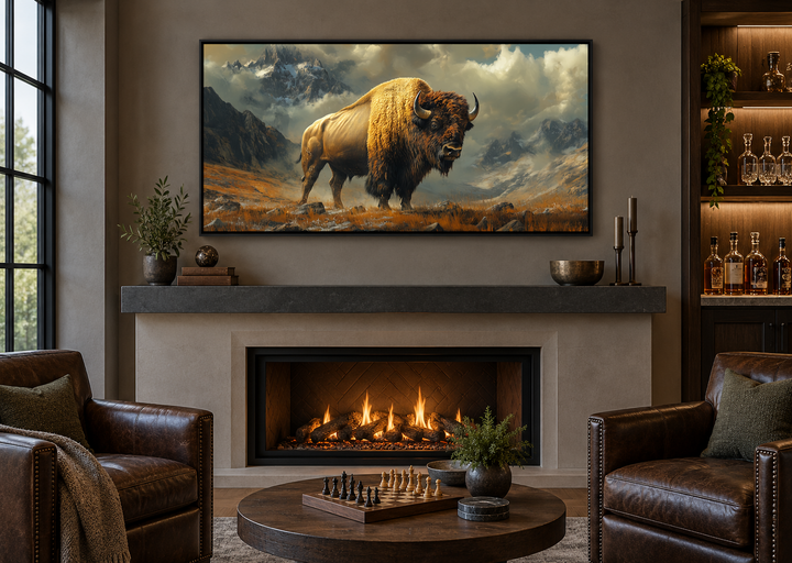 Framed canvas wall art of an American bison standing in a rugged mountain landscape above a mantel.
