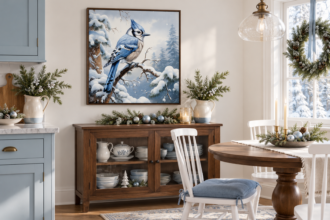Blue Jay In Snow Winter Framed Canvas Wall Art For Christmas Decor